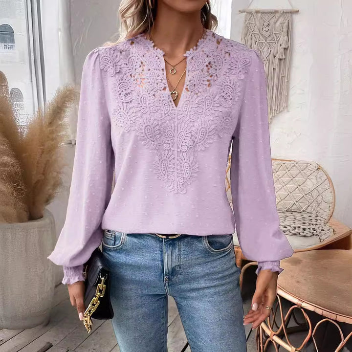 Damen Bluse mit Spitzen‑Plastron, V‑Ausschnitt und ballonartigen Ärmeln Drune