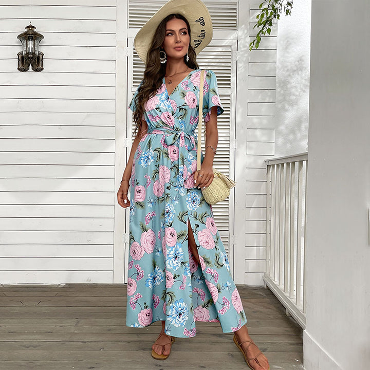 Damen Maxikleid mit floralem Design und eleganter Wickeloptik Drune