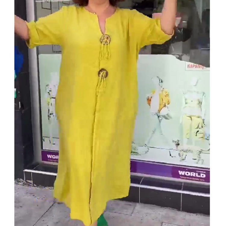 Damen Lange Leinen Look Kaftan Kleid mit Holerring Dekorbändchen und Roll-Up Drei-Viertel Ärmeln Drune