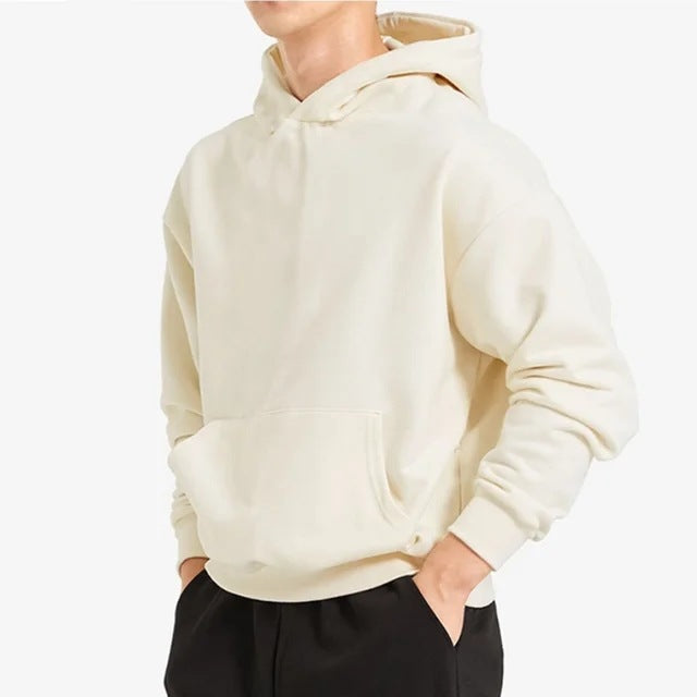 Herren nan schwerer Kapuzenpullover im Boxy-Cut mit Kängurutasche, geripptem Saum und angerauter Innenseite Drune