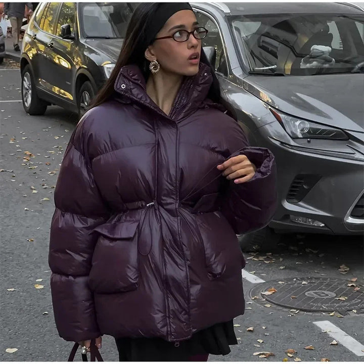 Damen modische oversized Daunenjacke mit Taillengürtel und seitlichen Taschen Drune