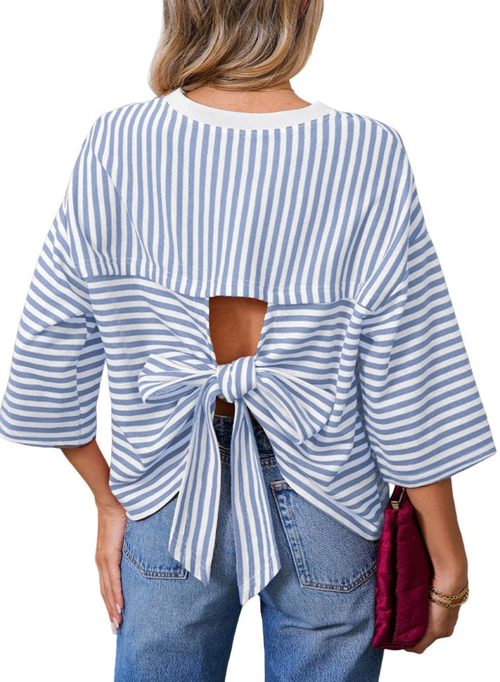 Damen Gestreiftes Oversize-Shirt mit Rückenausschnitt und Schleifenbindung Drune