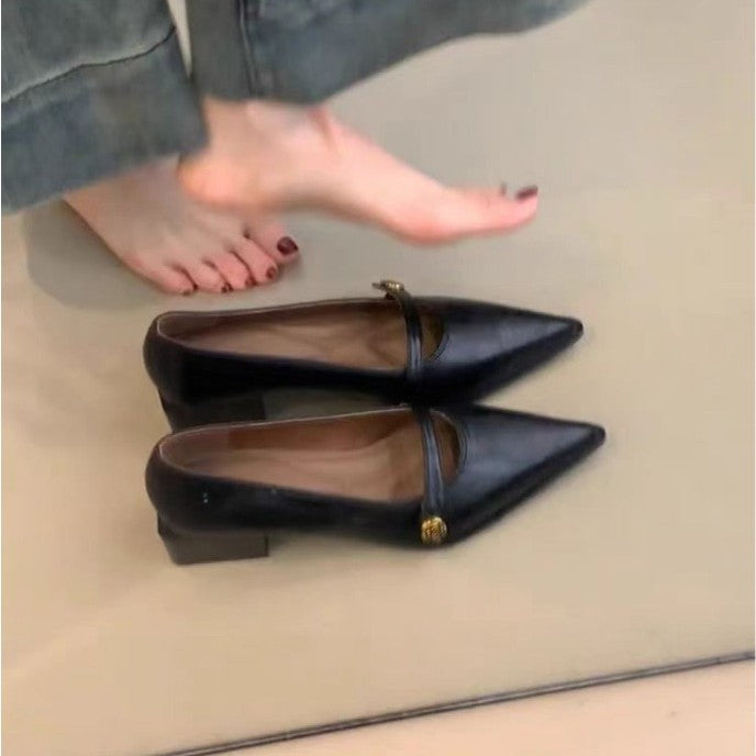 Damen Bequeme spitz zulaufende Ballerinas mit dekorativem Riemchen und Blockabsatz Drune