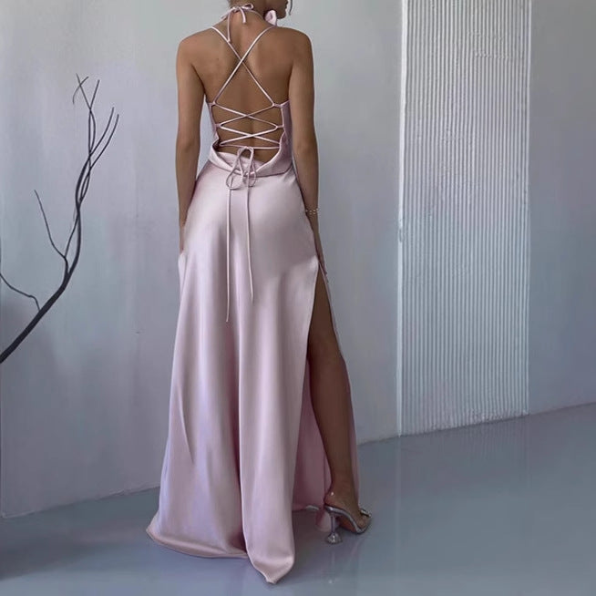 Damen Elegantes Bodenkotan Maxi-Kleid mit schmalen Spaghetti-Trägern und tiefem Ausschnitt Drune