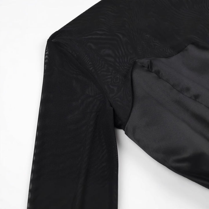 Damen Kurzabendkleid mit Stehkragen, transparenten Mesh-Ärmeln und Korsagen-Optik Drune