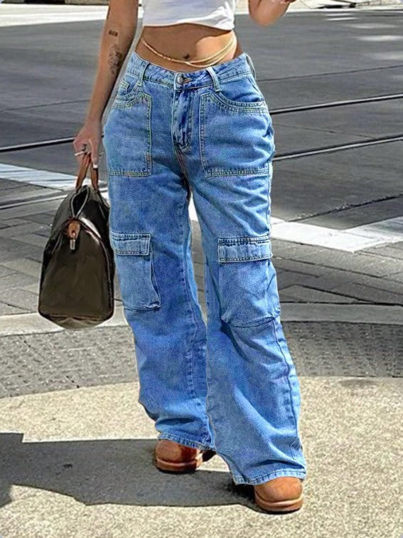 Damen Hochbundweite Cargo-Denimhose mit Utility-Taschen Drune