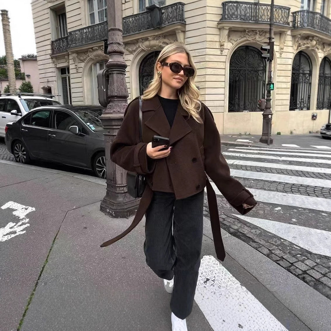 Damen modische cropped Jacke mit breitem Kragen und tailliertem Schnitt Drune