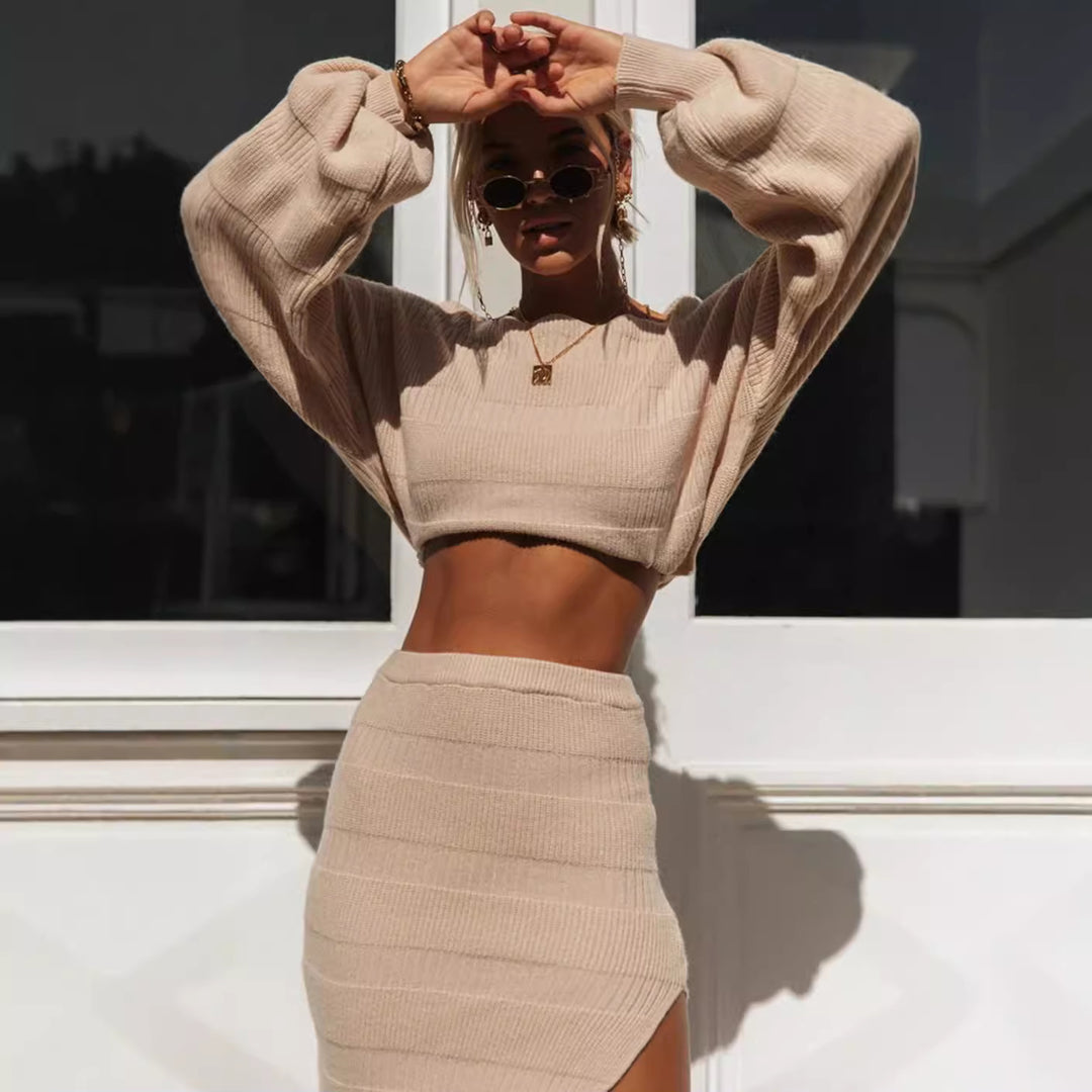 Damen elegantes deux pièces Set mit weitem Cropped-Oberteil und figurbetontem Rock Drune