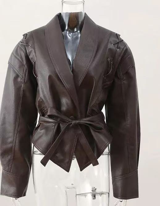 Damen modische Kunstlederjacke mit oversized Schnitt und breitem Kragen Drune