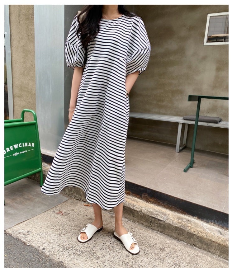Damen Gestreiftes Midikleid mit A‑Linie, überschnittenen Schultern und voluminösen 3/4‑Ärmeln Drune