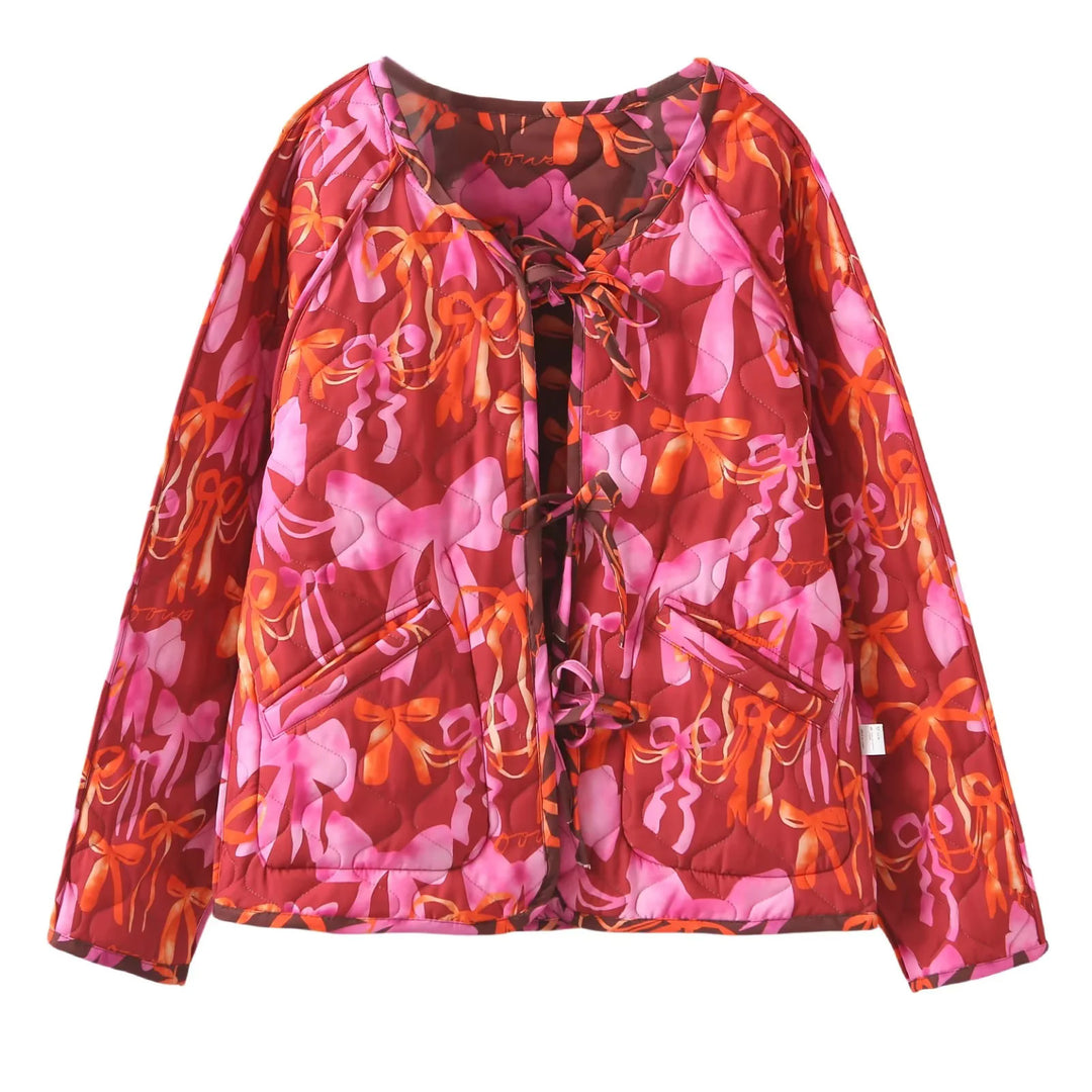 Damen nan gesteppte Jacke mit Schleifenprint, Bindeschlaufenverschluss und aufgesetzten Taschen Drune