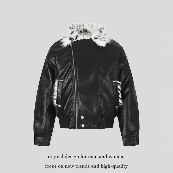 Damen Kunstleder-Bomberjacke mit asymmetrischem Reißverschluss und kontrastierendem Faux-Fur-Kragen Drune