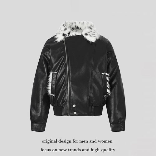 Damen Kunstleder-Bomberjacke mit asymmetrischem Reißverschluss und kontrastierendem Faux-Fur-Kragen Drune