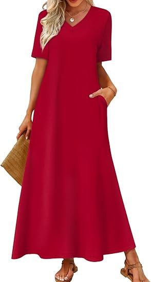 Damen Langes A-Linien-Maxikleid mit V-Ausschnitt, Kurzarm und Eingrifftaschen Drune