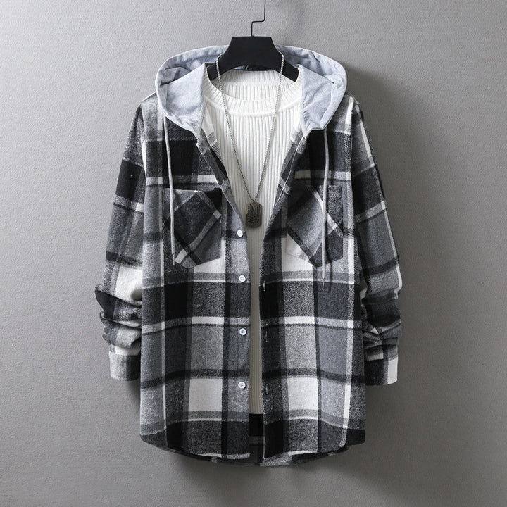 Herren lässige Flanell-Hemdjacke mit Kapuze und grafischem Karomuster Drune