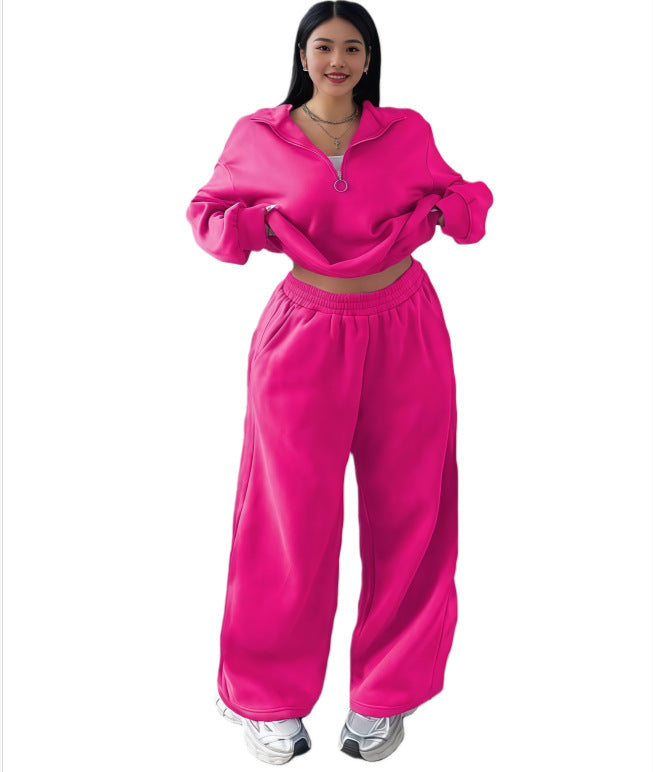 Damen Cropped Oversize-Sweatshirt mit halbem Reißverschluss und weite High-Waist Jogginghose Set Drune