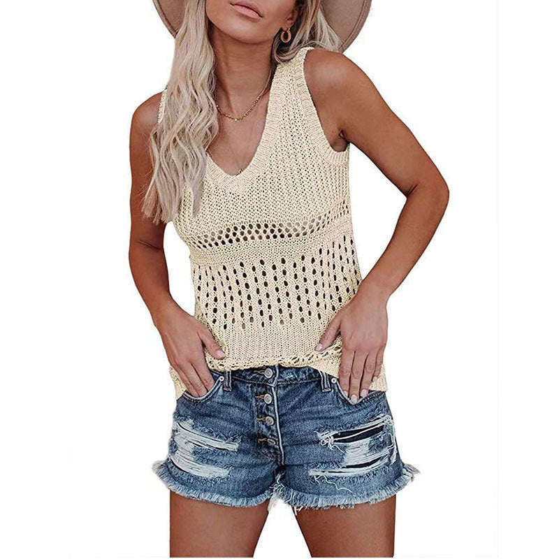Damen luftiges Stricktop mit V-Ausschnitt und feinen Lochmustern Drune