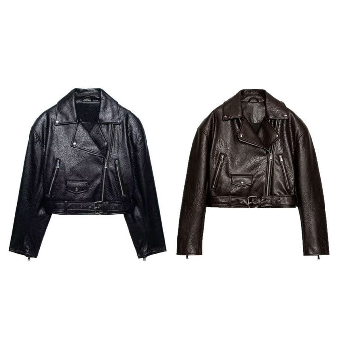 Damen Kurzgeschnittene Bikerjacke aus strukturiertem Lederimitat mit Taillengürtel Drune