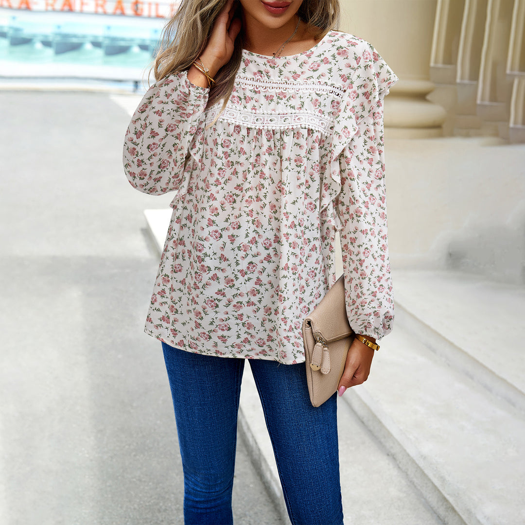 Damen nan romantische Hemdblusenbluse mit Spitzenborte, Volantärmel und lockerer Tunika-Silhouette Drune