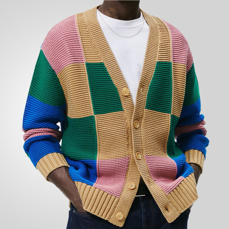 Herren Strickjacke mit buntem Blockmuster und bequemen Knöpfen Drune