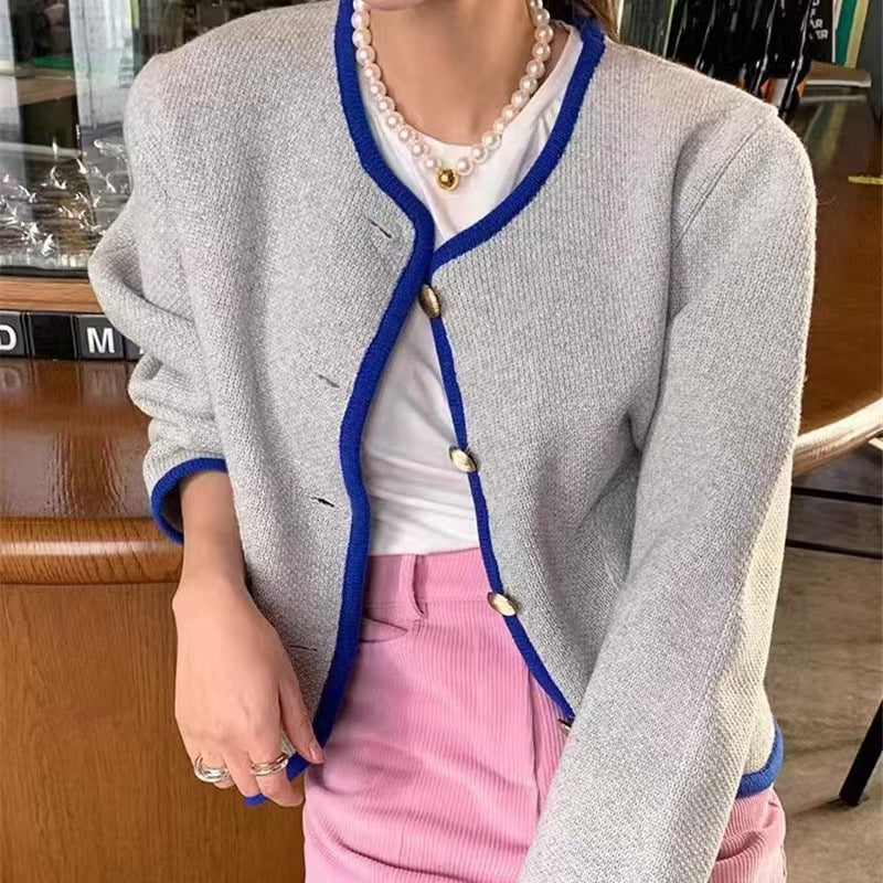 Damen Cardigan mit dekorativen Knöpfen und farblich abgesetztem Kragen Drune