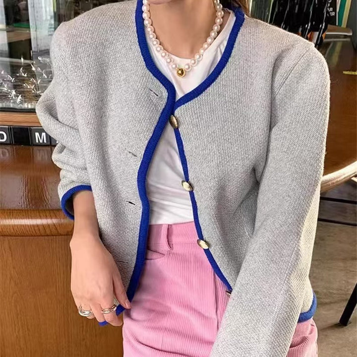 Damen Cardigan mit dekorativen Knöpfen und farblich abgesetztem Kragen Drune