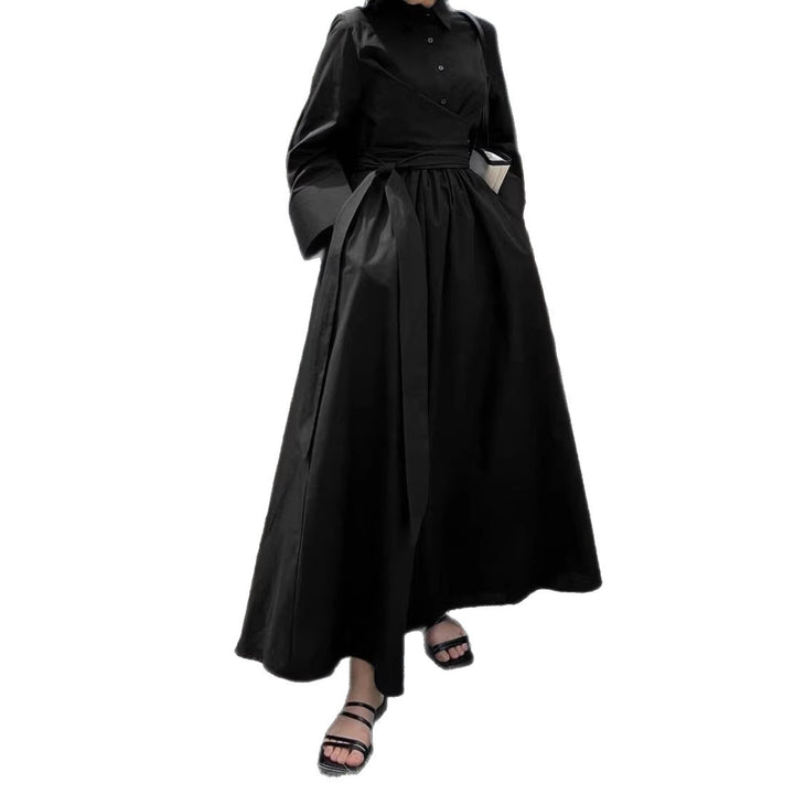 Damen Maxikleid im Hemdblusenstil mit Taillenwickel, weitem Tellerrock und breiten Manschetten Drune