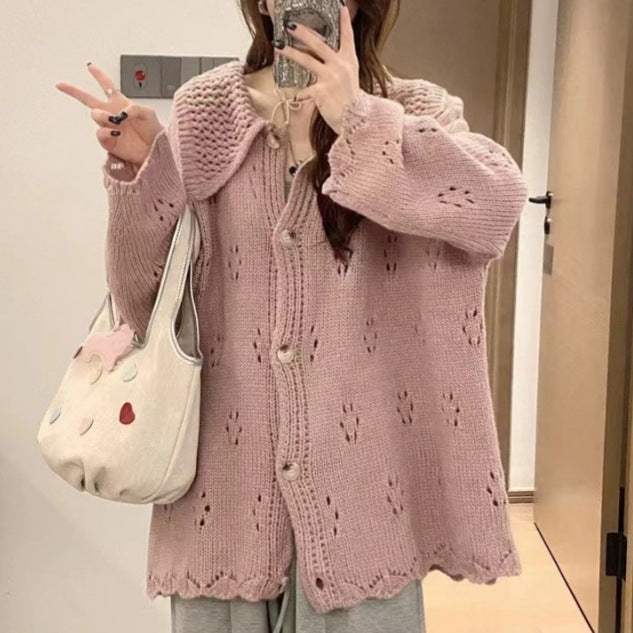 Damen Strickjacke mit floralem Lochmuster und großem Kragen Drune