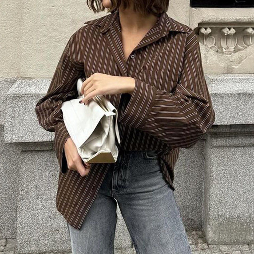 Damen nan lässiges Oversize-Hemd mit feinen Nadelstreifen, Hemdkragen und Brusttasche Drune
