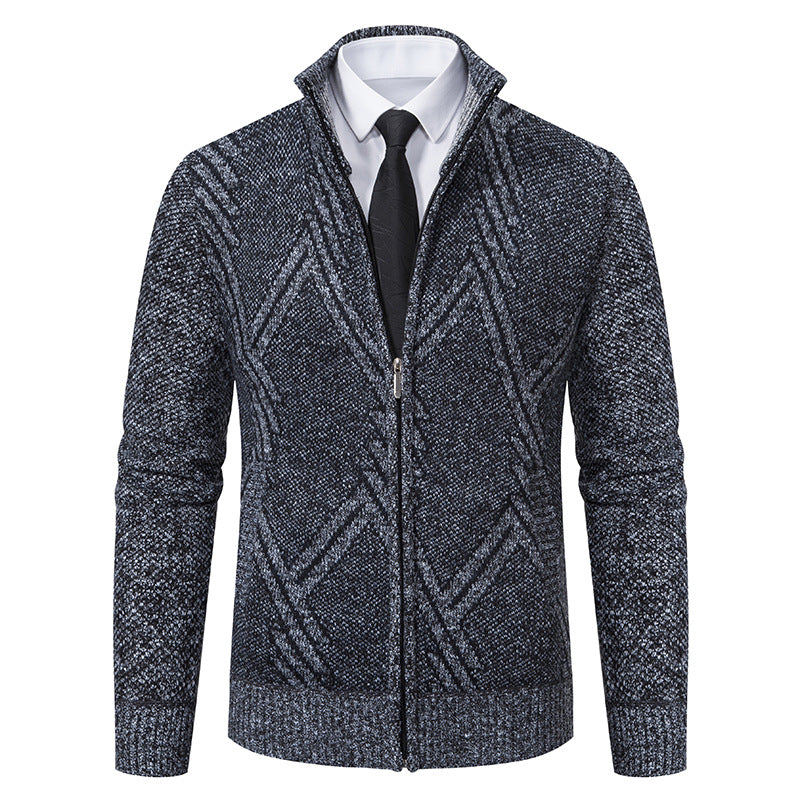 Herren Feiner Jacquard-Cardigan mit durchgehendem Reißverschluss, Stehkragen und Eingrifftaschen Drune