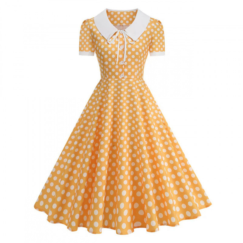 Damen Retro Maxikleid mit Kragen und Punkten Drune