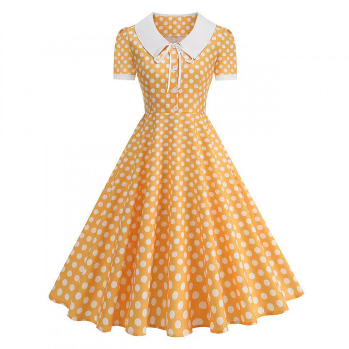 Damen Retro Maxikleid mit Kragen und Punkten Drune