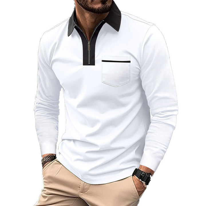 Herren nan elegantes Langarm-Poloshirt mit markantem Stehkragen Metall-Kurzreißverschluss und Brustleistentasche Drune