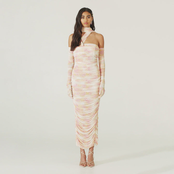Damen figurbetontes Kleid mit asymmetrischen Ärmeln und stilvollem Drapée Drune