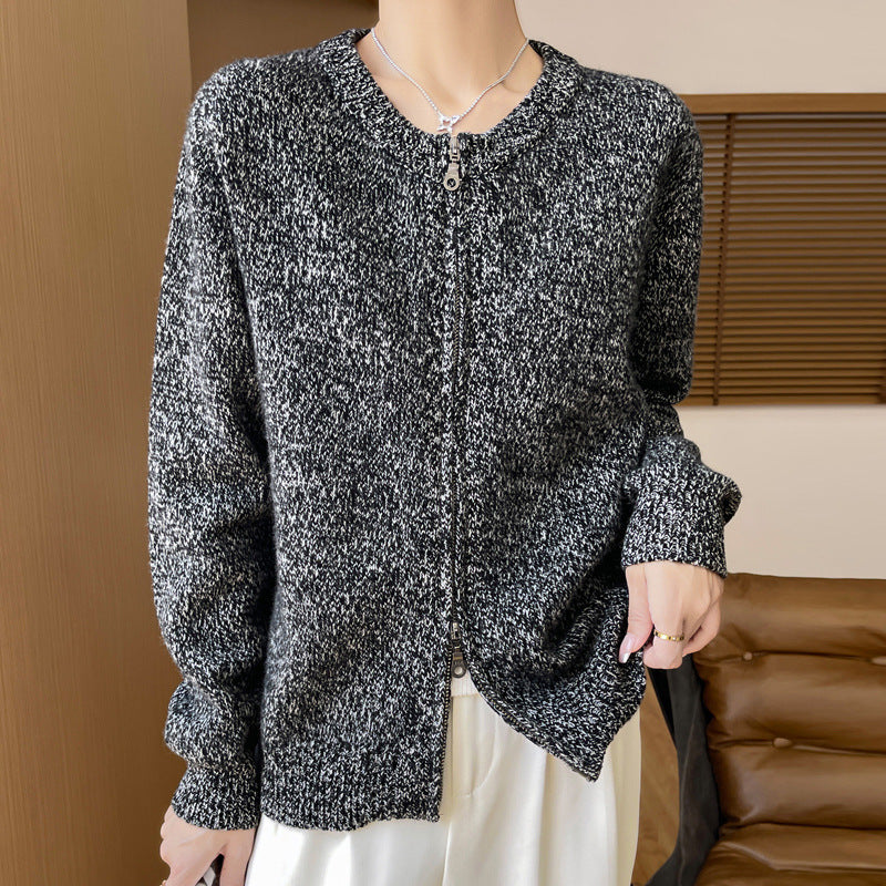 Damen Melierter Reißverschluss-Cardigan mit Zwei-Wege-Zipper und gerippten Bündchen Drune
