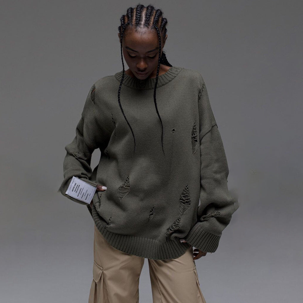 Damen Grob gestrickter Oversized Pullover mit distressed Details Drune