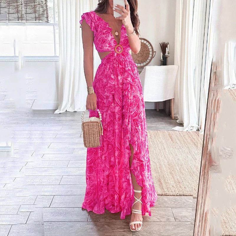 Damen Langes Maxikleid mit elegantem Cut-Out Design und Rüschenausschnitt Drune