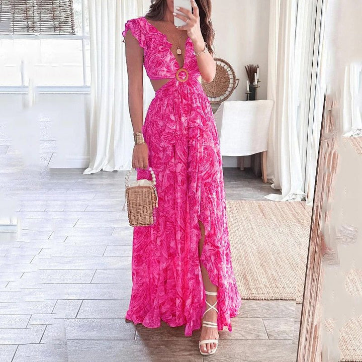 Damen Langes Maxikleid mit elegantem Cut-Out Design und Rüschenausschnitt Drune