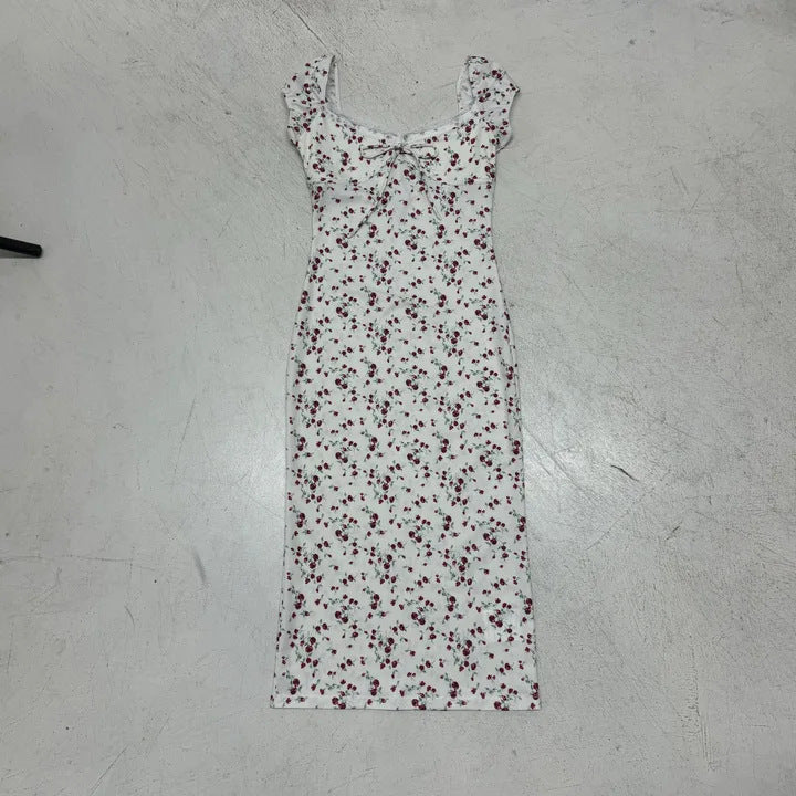 Damen Midikleid mit verspieltem Blumendruck und bindbaren Trägern Drune