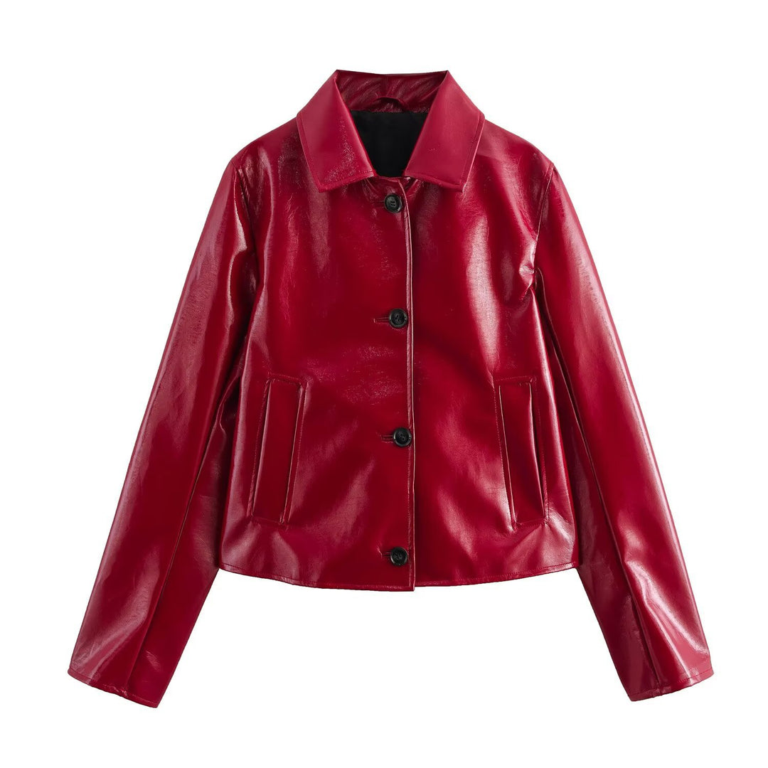 Damen Kunstlederjacke mit glänzendem Finish und praktischen Taschen Drune