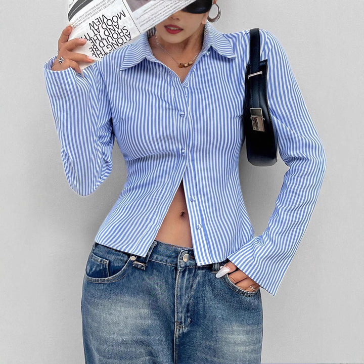 Damen Tailliertes Gestreiftes Blusenshirt mit Kentkragen Drune