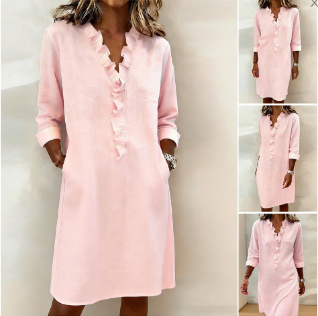 Damen Freizeitkleid mit Rüschen und V-Ausschnitt Drune