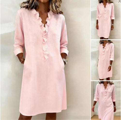 Damen Freizeitkleid mit Rüschen und V-Ausschnitt Drune