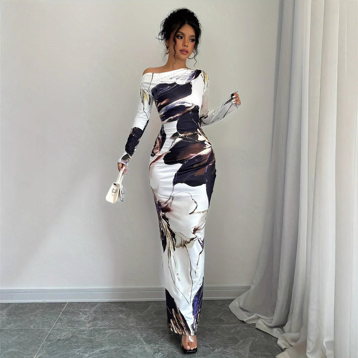 Damen Elegantes Maxikleid mit originellem Kunstdruck und schulterfreiem Design Drune