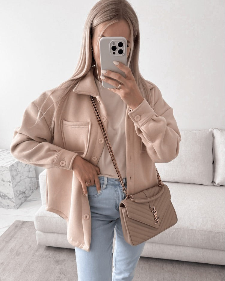 Damen Oversized Hemdjacke Shacket aus weichem Wollmix mit aufgesetzten Brusttaschen Drune