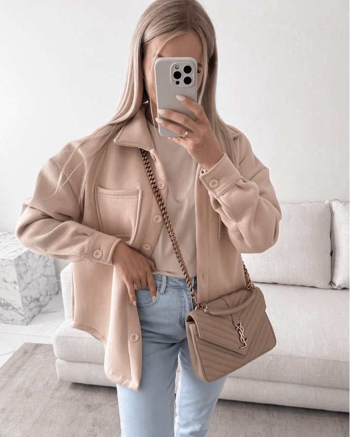 Damen Oversized Hemdjacke Shacket aus weichem Wollmix mit aufgesetzten Brusttaschen Drune