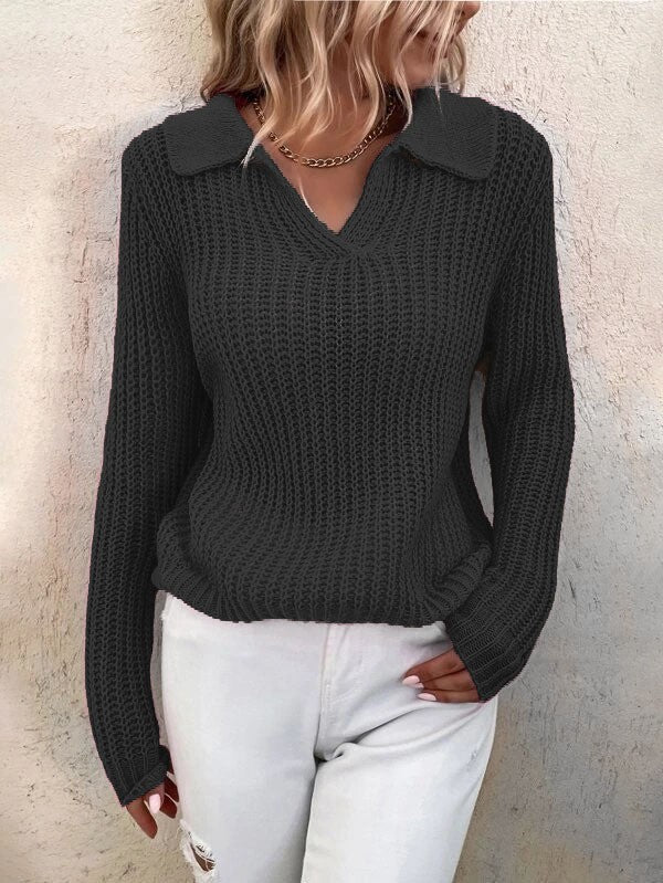Damen V-Ausschnitt Strickpullover mit Kragen Drune