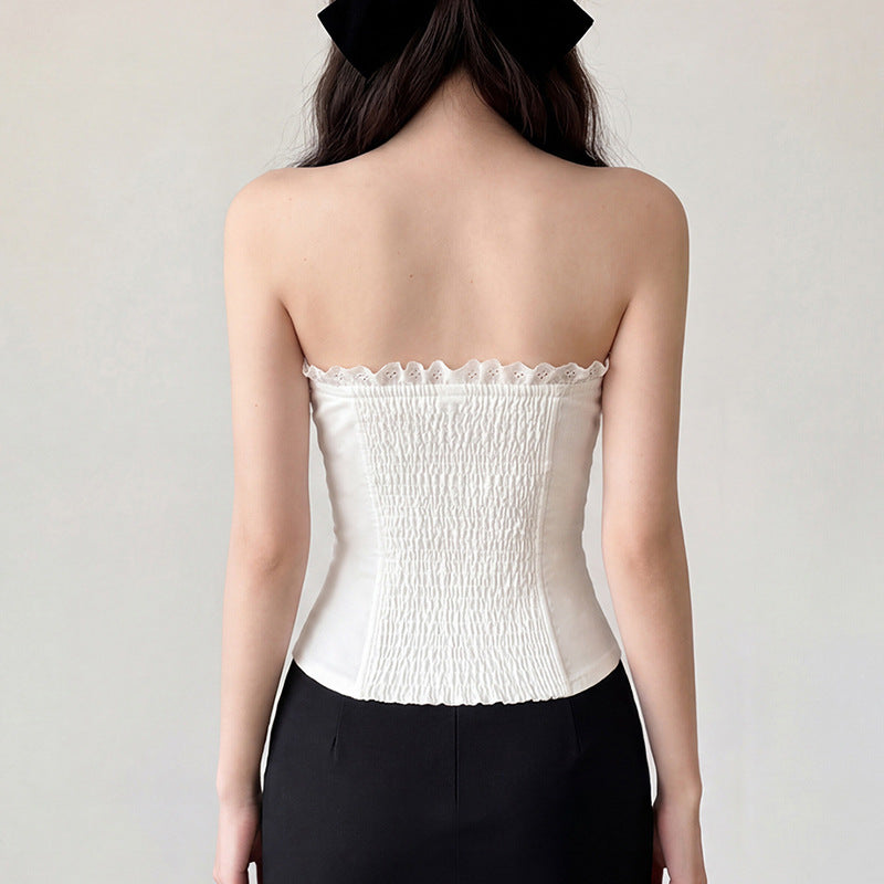 Damen Bustier-Oberteil mit dekorativem Rüschensaum und Knopfdetails Drune