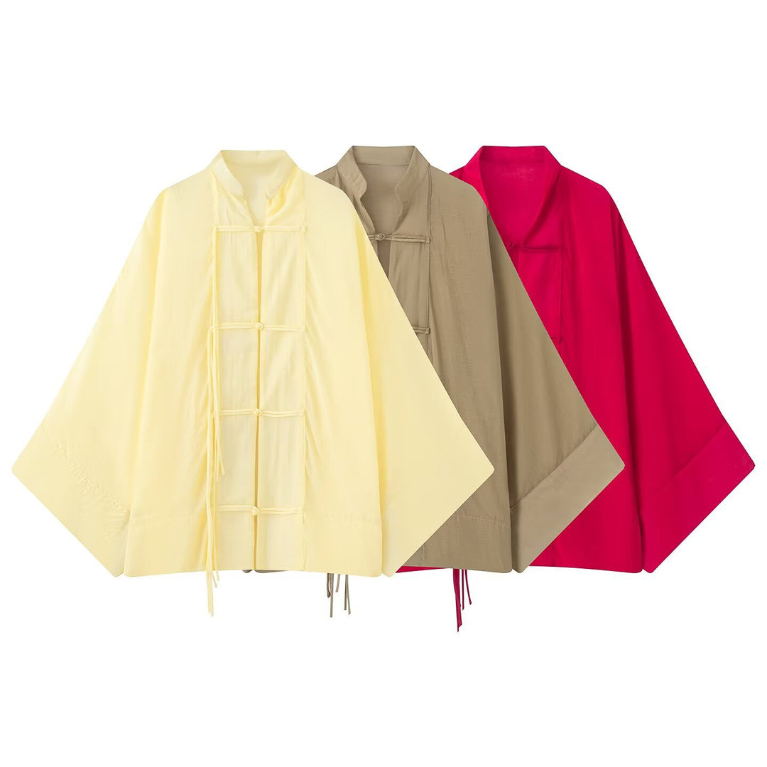 Damen Oversized Kimono-Cape mit traditionellen Knebelverschlüssen Drune