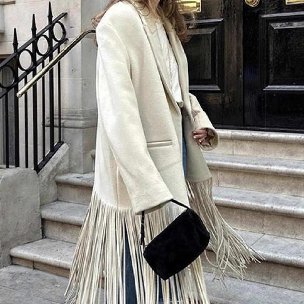 Damen Oversized Mantel mit Fransen Drune